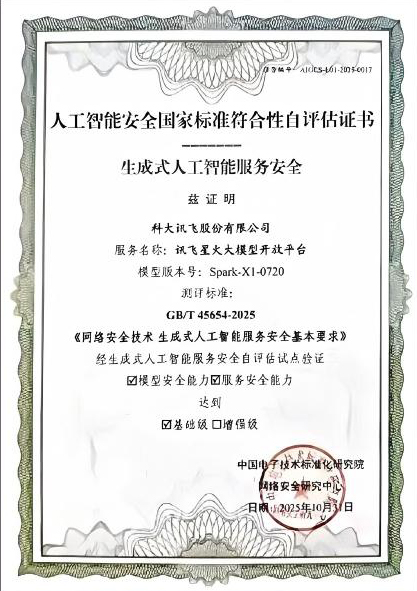 人工智能安全国家标准符合性自评估证书