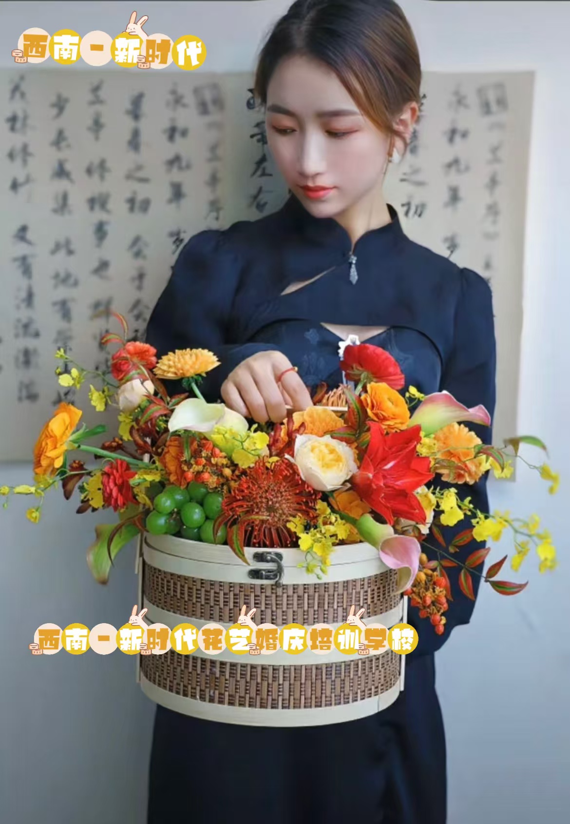 昆明市呈贡区新时代职业培训学校-新中式复古圆桶中秋礼品｜花艺课堂实操作品赏析