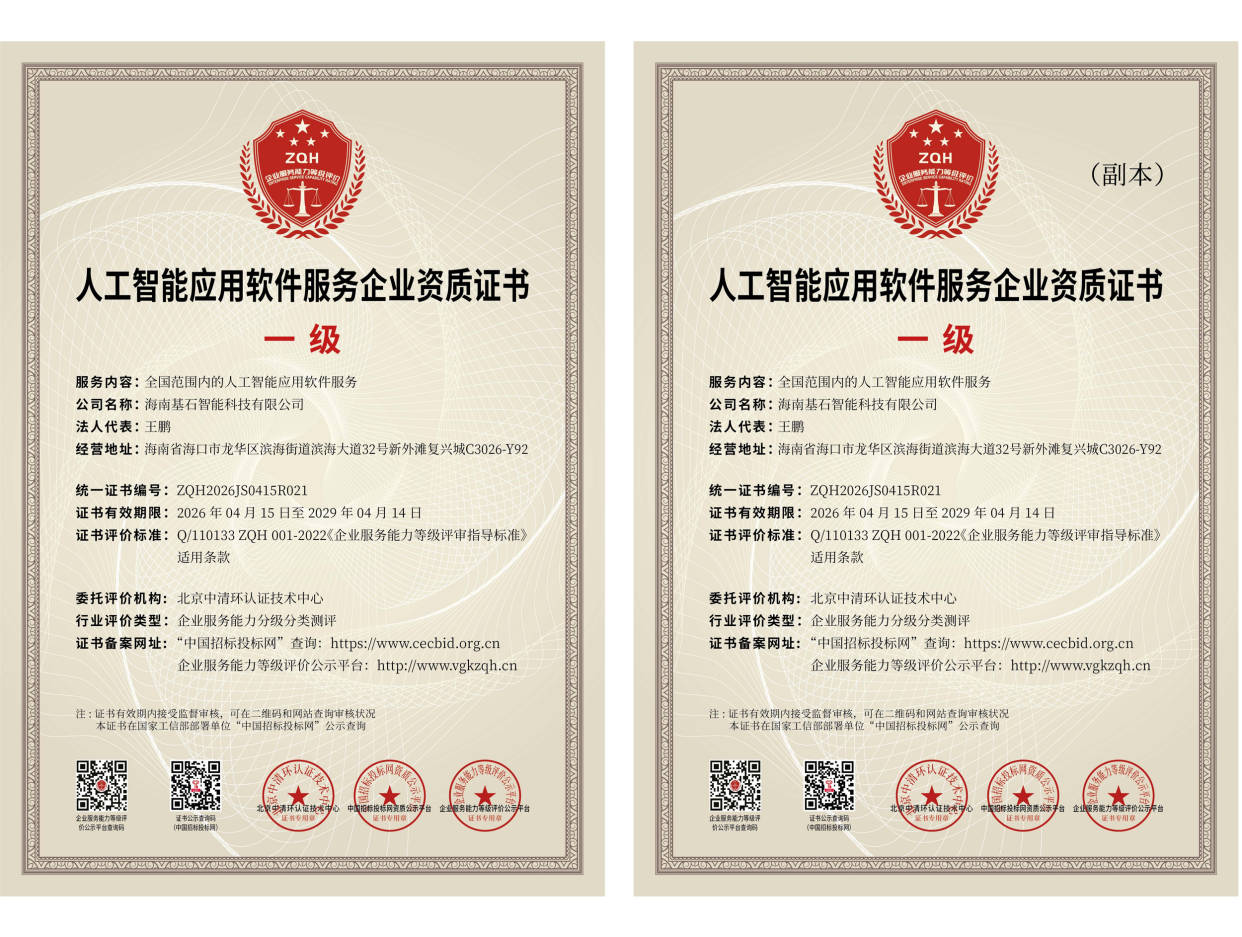 人工智能应用软件服务企业资质证书