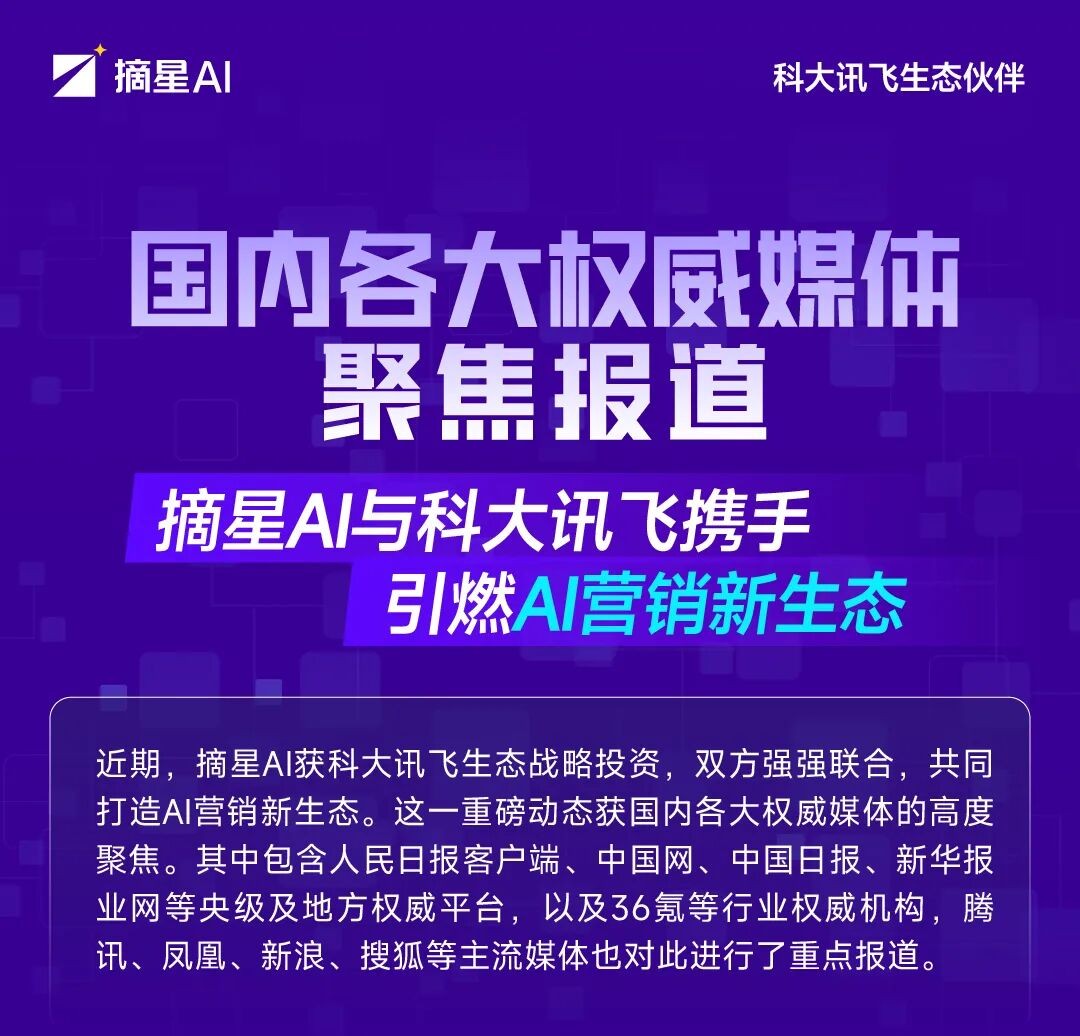 媒体聚焦｜持续携手深拓“AI+营销”，摘星AI与科大讯飞合作获央媒、行业权威机构及各大主流媒体关注报道