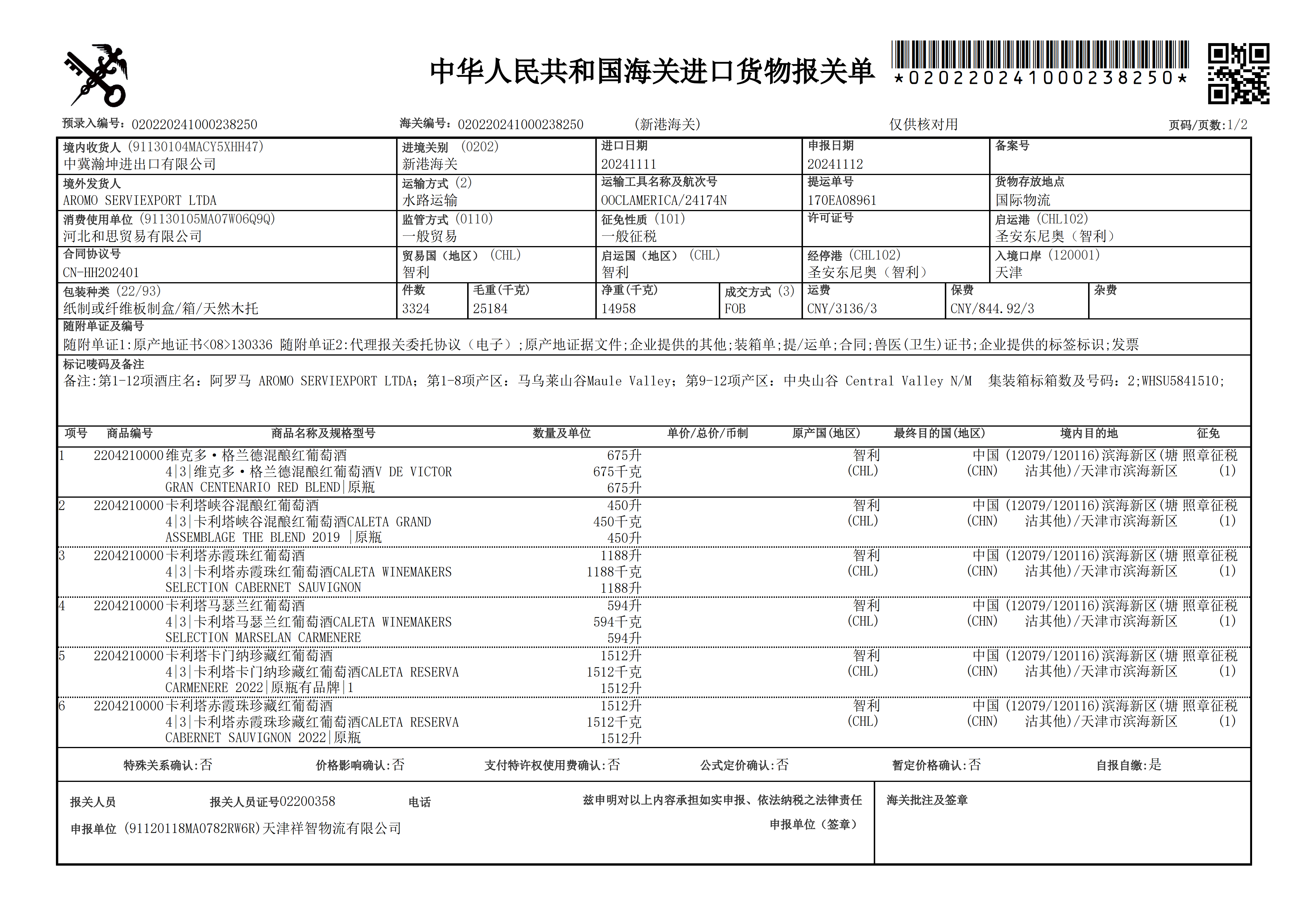 红酒进口报关单