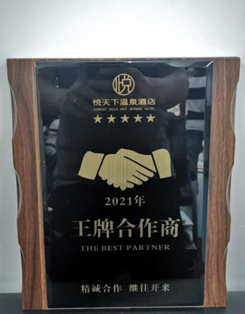 悦天下温泉酒店 2021 年度王牌合作商奖牌