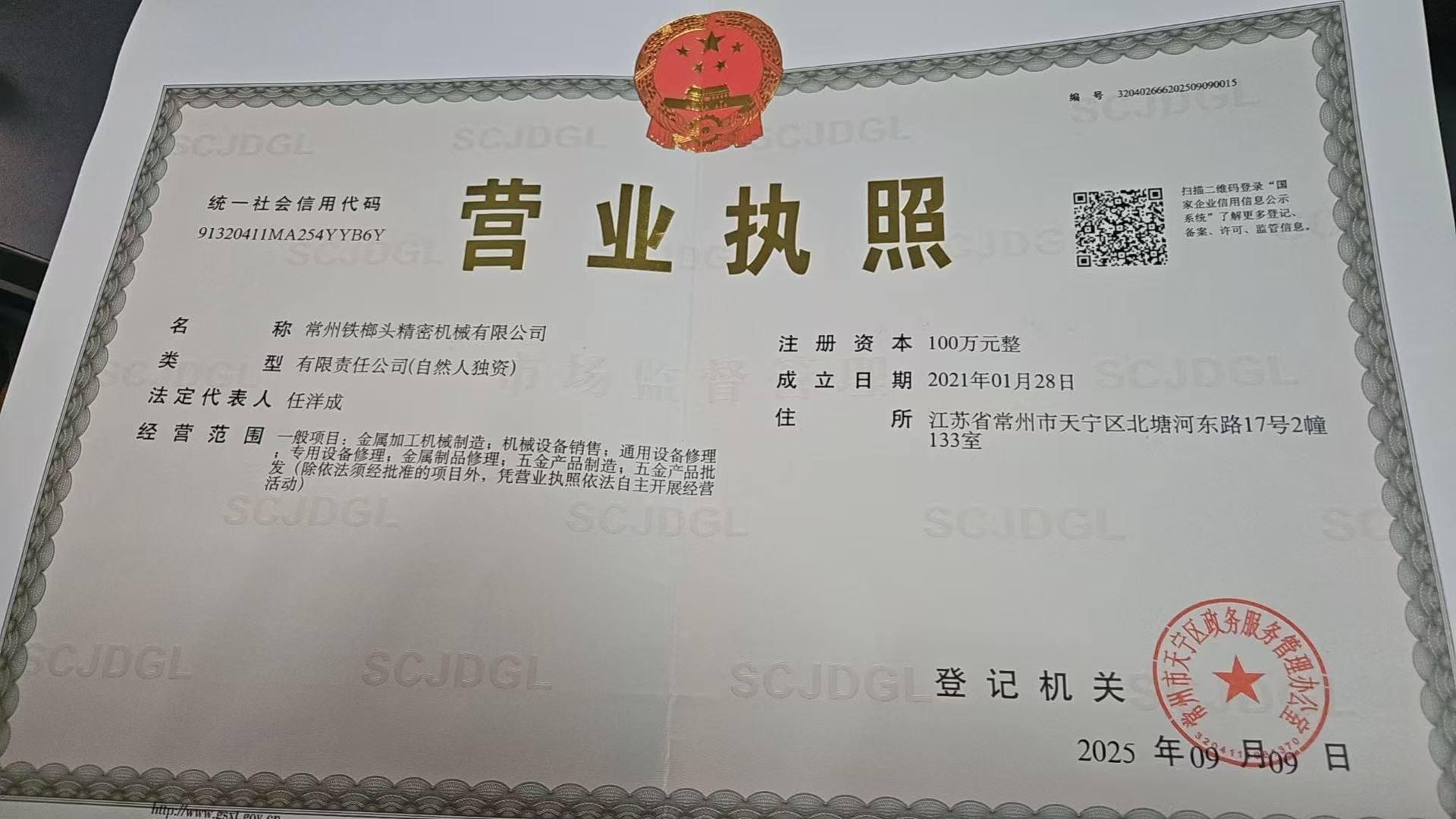 常州铁榔头精密机械有限公司营业执照