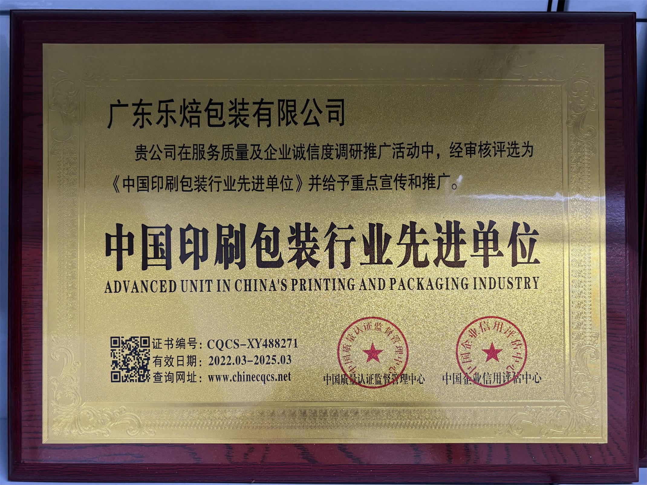 中国印刷包装行业先进单位