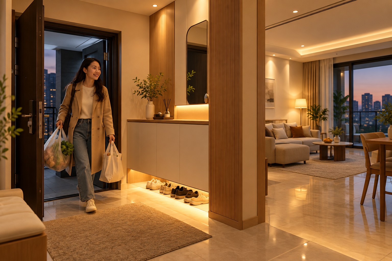 全屋智能场景示意：全屋智能回家场景：玄关与客厅灯光配合，减少摸黑找开关的麻烦。