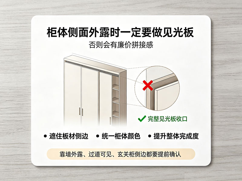 柜体侧面外露时一定要做见光板，否则会有廉价拼接感