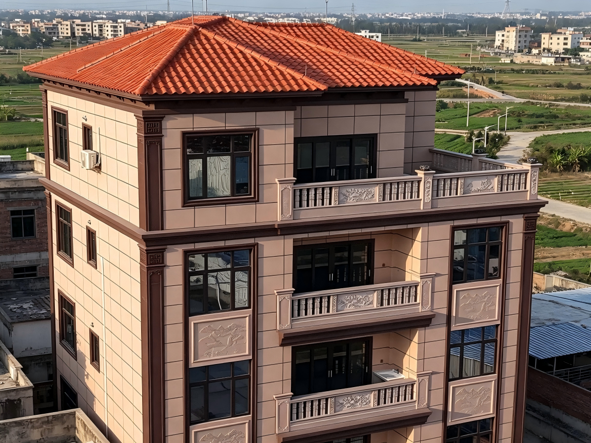 广东自建房案例｜红瓦屋顶 + 米黄仿石外墙砖
