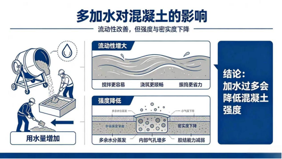 一、多加水混凝土的流动性增大而强度降低