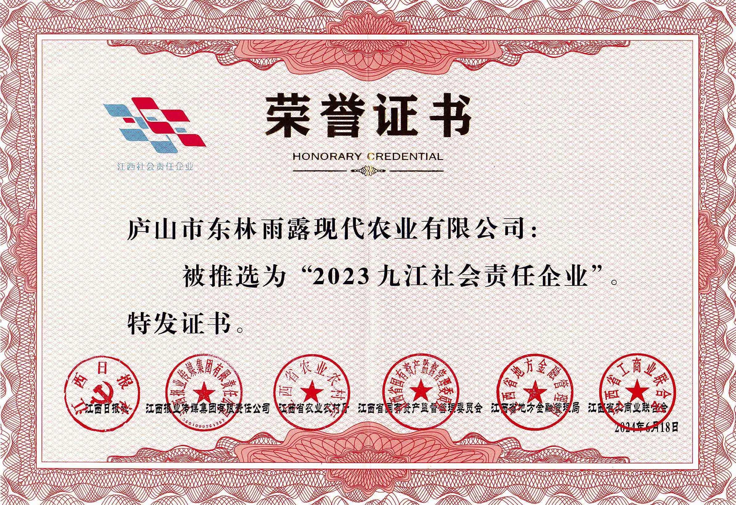 2024年九江社会责任企业荣誉证书