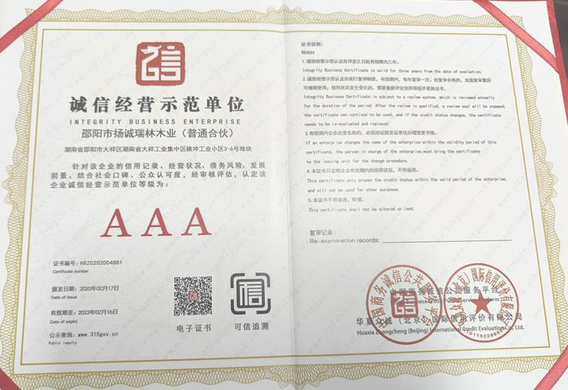 诚信经营示范单位