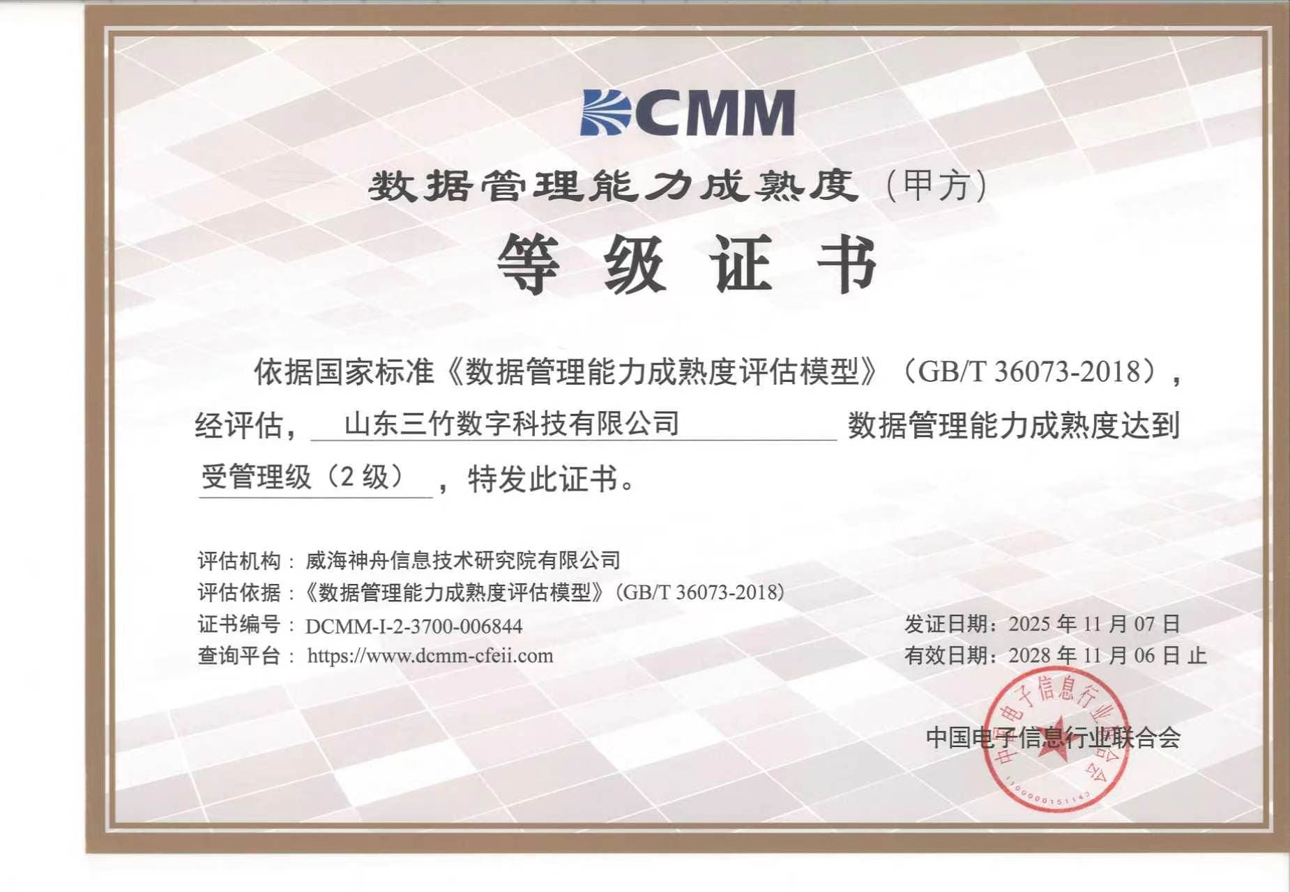 数据管理能力成熟度2级证书